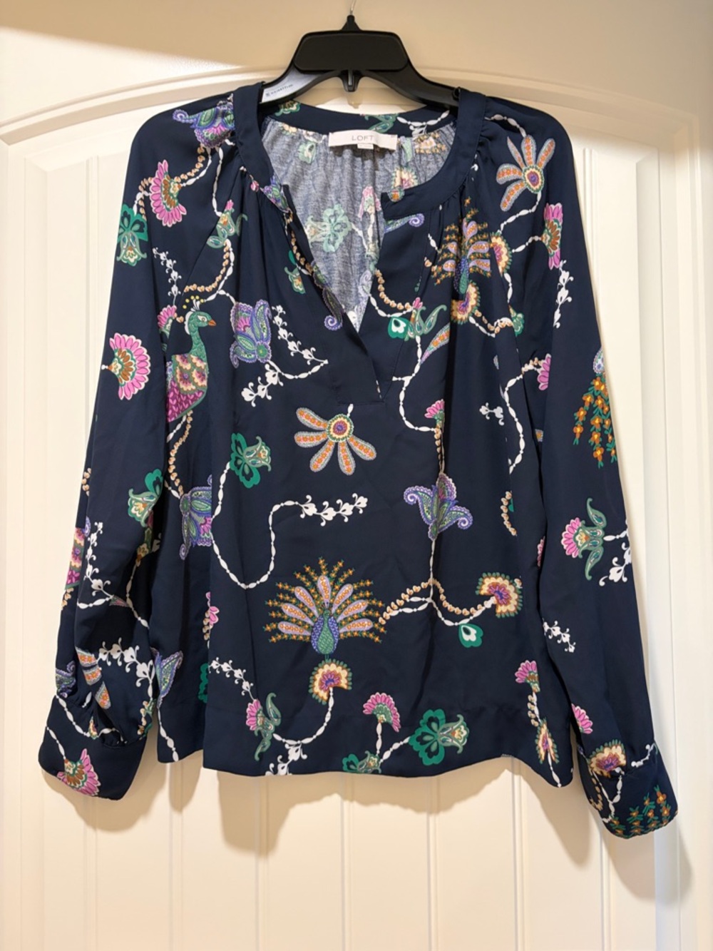 LOFT Navy Floral Paisley Split-Neck Blouse